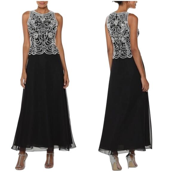 JKARA Gold Embellished Bodice A-Line Beaded Chiffon Long Dress Black Women's 8 - Picture 1 of 16